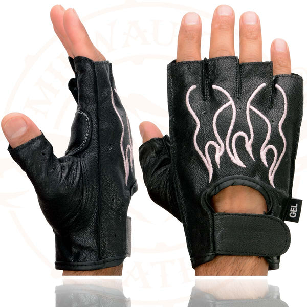 Milwaukee Leather SH198 Women's Black Leather Gel Padded Palm Fingerless Motorcycle Gloves w/ Flame Embroidery