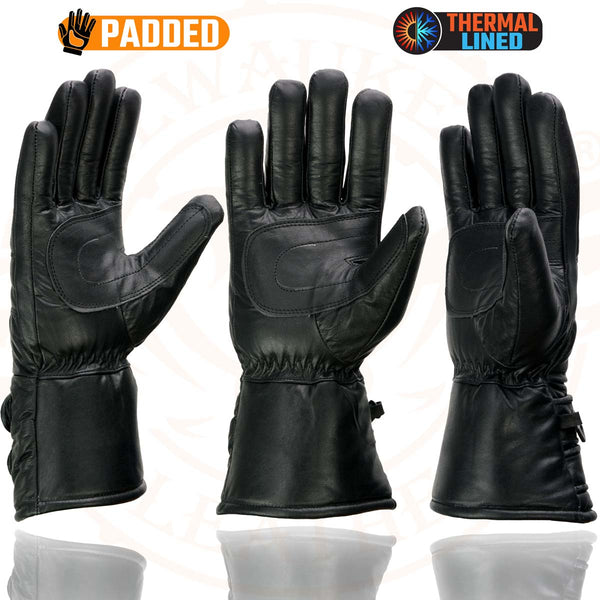 Milwaukee Leather SH233 Men's Black Leather Warm Lining Gauntlet Motorcycle Hand Gloves W/ Double Strap Cuff Pull-on Closure