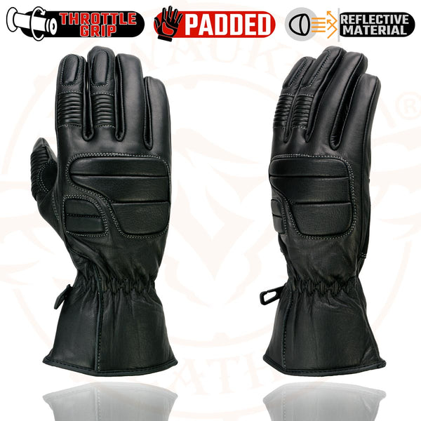 Milwaukee Leather SH607 Men's Black Leather Gauntlet Padded Back Racing Motorcycle Hand Gloves W/ Reflective Piping.