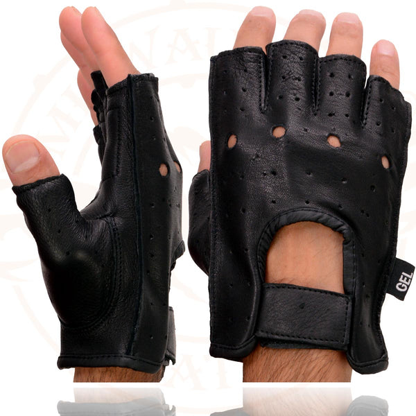 Milwaukee Leather SH851 Men's USA Deer Skin Leather Black Gel Padded Palm Fingerless Motorcycle Riders Gloves