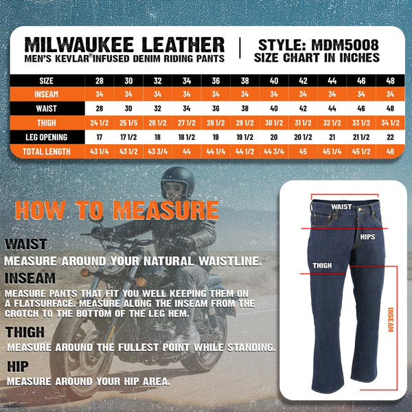 Milwaukee Leather MDM5008 Men's Blue 5 Pocket Tear Resistant Motorcycle Denim Jeans Infused w/ Aramid Fibers