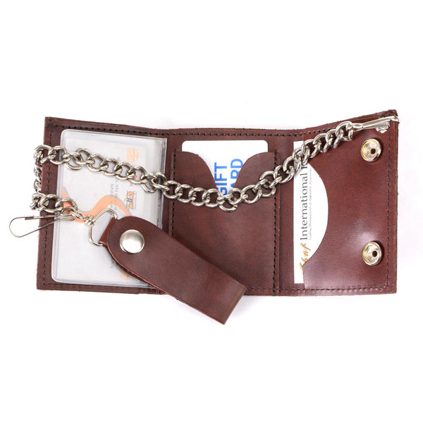 Milwaukee Leather MLW7886 Men's 4” Antique Brown Leather Biker Tri-Fold Wallet w/ Anti-Theft Stainless Steel Chain