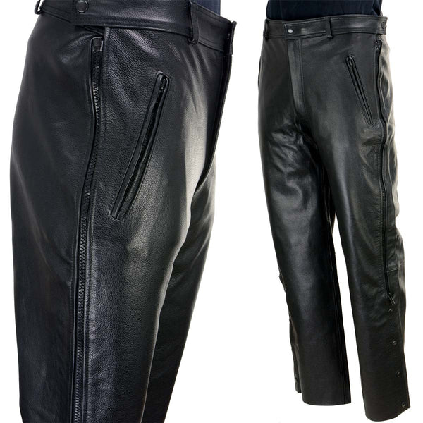 Xelement B7440 Men's Black Leather Motorcycle Over Pants with Side Zipper and Snaps