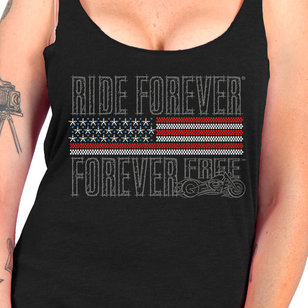 Hot Leathers GLC2443 Ladies 'Ride Forever, Forever Free' US Flag with Bling Black Tank Top Shirt