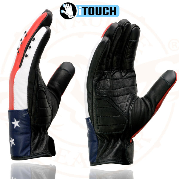 Milwaukee Leather MG7527 Men's Black Leather i-Touch Screen Compatible Motorcycle Hand Gloves w/ Stars and Stripes