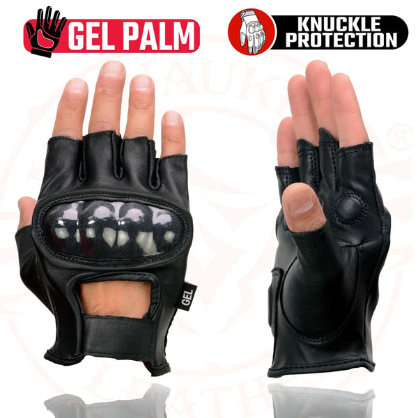 Milwaukee Leather MG7555 Men's Black Leather Gel Padded Fingerless Motorcycle Hand Gloves W/ ’Hard Knuckle’ For Protection