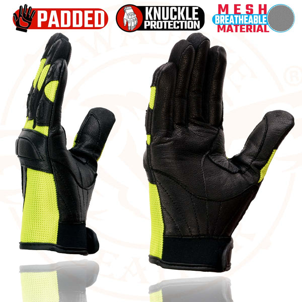 Milwaukee Leather MG7740 Women's Black Leather and Neon Green Mesh Racing Motorcycle Gloves W/ Padded Knuckle and Fingers