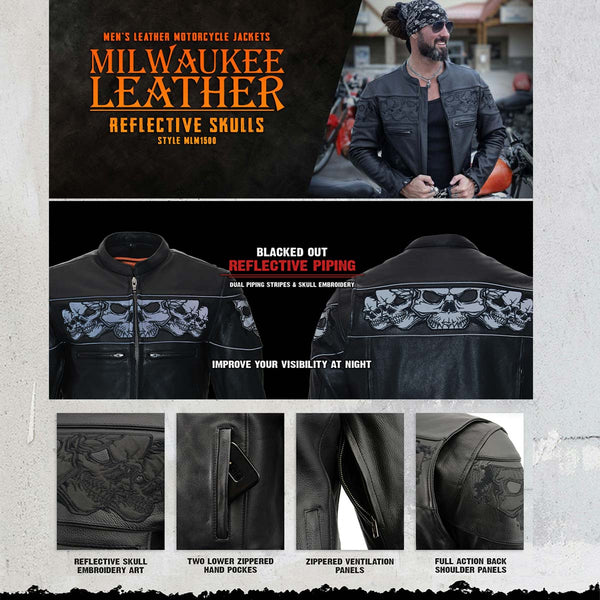 Milwaukee Leather MLM1500 Men's Crossover Black Leather Scooter Jacket with Reflective Skulls