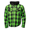 Milwaukee Leather Men’s Titans Green and Black Plaid Hooded Riding Shirt w/ CE Armor & Aramid Fiber Panels - MPM1659