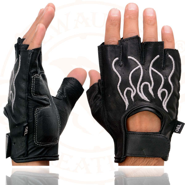 Xelement XG198 Men's Embroidered 'Flamed' Fingerless Black and Gray Motorcycle Leather Gloves