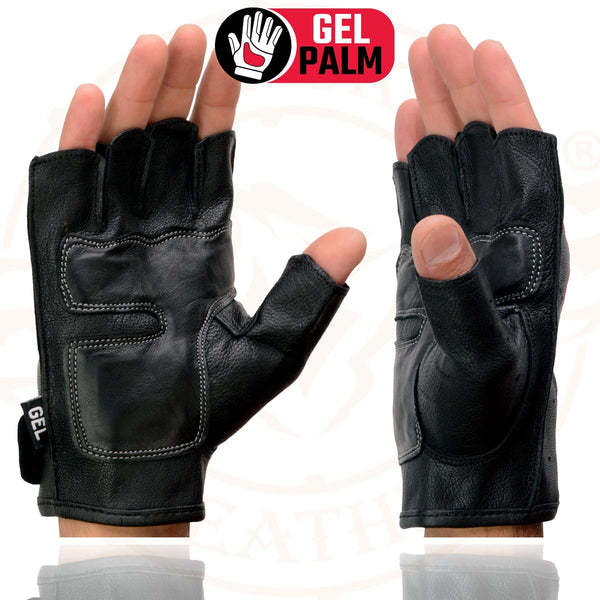 Milwaukee Leather SH198 Men's Black Leather Gel Padded Palm Fingerless Motorcycle Gloves w/ Red Flame Embroidery