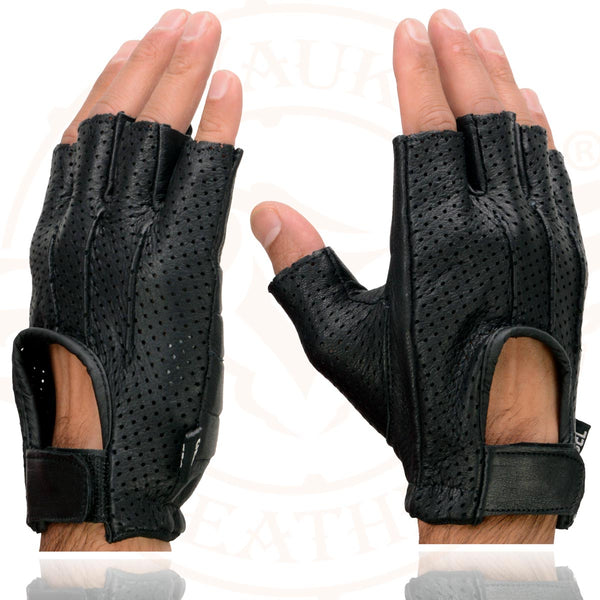 Milwaukee Leather SH877 Men's Fingerless USA Deerskin Black Perforated Leather Motorcycle Gloves w/ Gel Palm