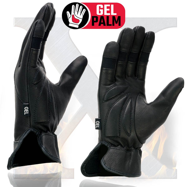 Xelement XG7700 Women's Black Leather Gel Palm Lightweight Motorcycle Hand Gloves W/ Open Wrist Expansion