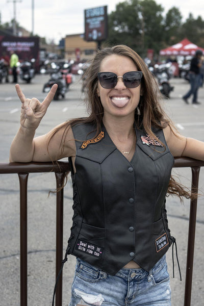 Event Leather ELL4900 Women’s 'Love to Ride' Black Leather Motorcycle Patched Embroidered Vests with Side Laces