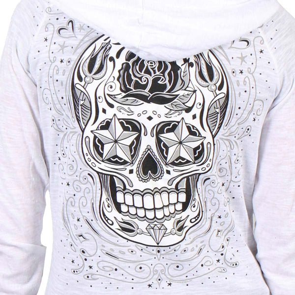 Hot Leathers GLZ4237 Ladies 'Sugar Skull' Lightweight Slubby Hooded White Hoodie