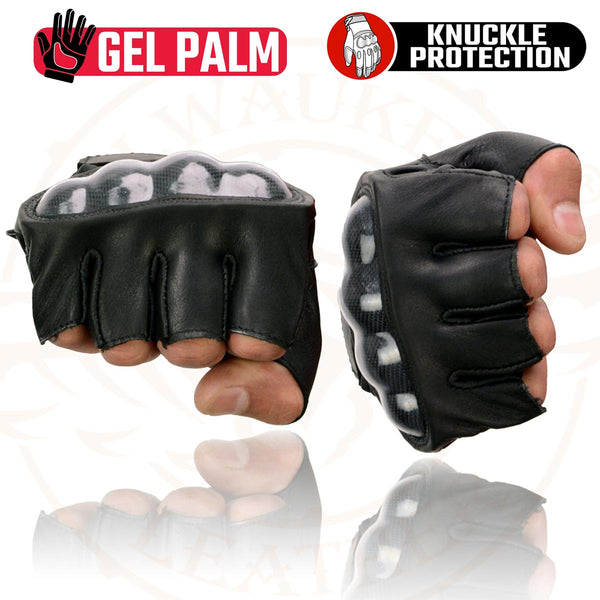 Milwaukee Leather MG7555 Men's Black Leather Gel Padded Fingerless Motorcycle Hand Gloves W/ ’Hard Knuckle’ For Protection