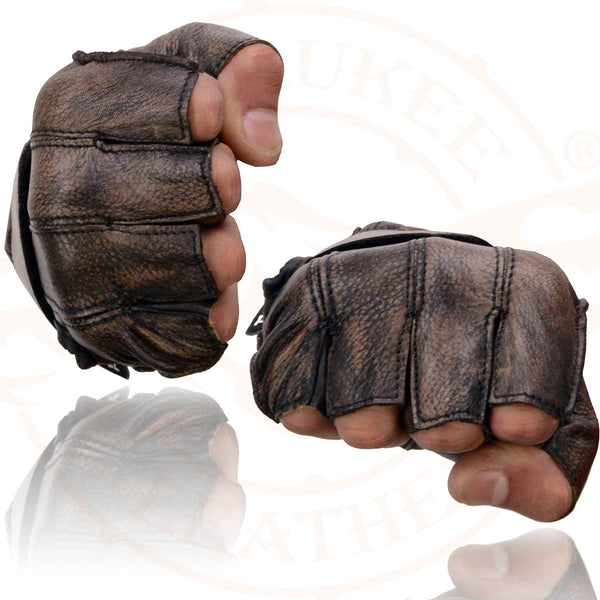 Milwaukee Leather MG7561 Men's Brown Leather Gel Padded Palm Fingerless Motorcycle Hand Gloves Made W/ ‘Naked Leather’