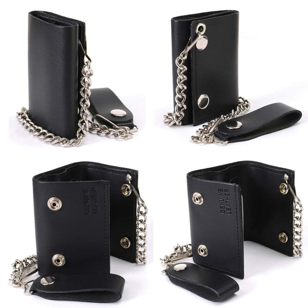 Milwaukee Leather MLW7831 Men's 4" Classic Black Plain Genuine Leather Tri-Fold Biker Wallet w/ Anti-Theft Stainless Steel Chain