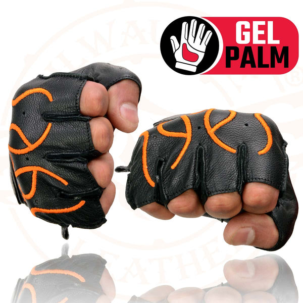 Milwaukee Leather SH198 Men's Black Leather Gel Padded Palm Fingerless Motorcycle Gloves w/ Orange Flame Embroidery