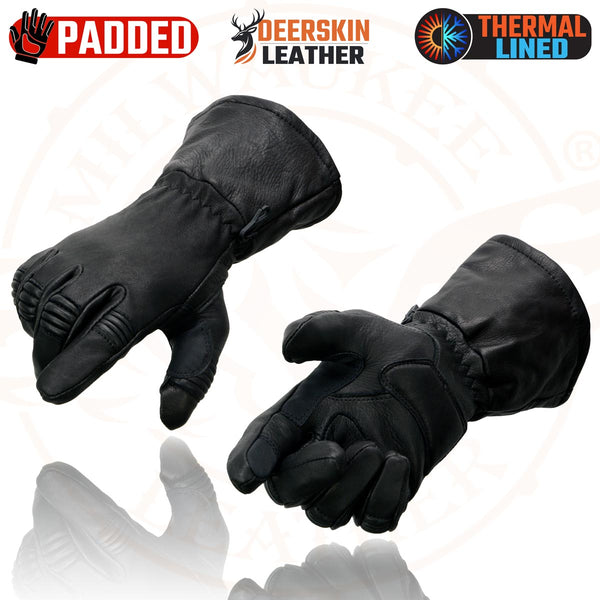 Milwaukee Leather G039 Men's Black Gauntlet Motorcycle Deerskin Long Cuff Thermal Lined Gloves