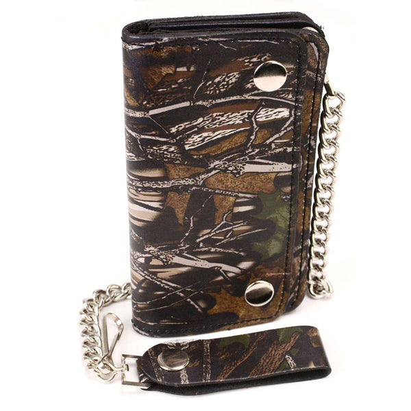 Milwaukee Leather MLW7803 Men's 6” Camouflage Bi-Fold Leather Wallet w/ Anti-Theft Stainless Steel Chain