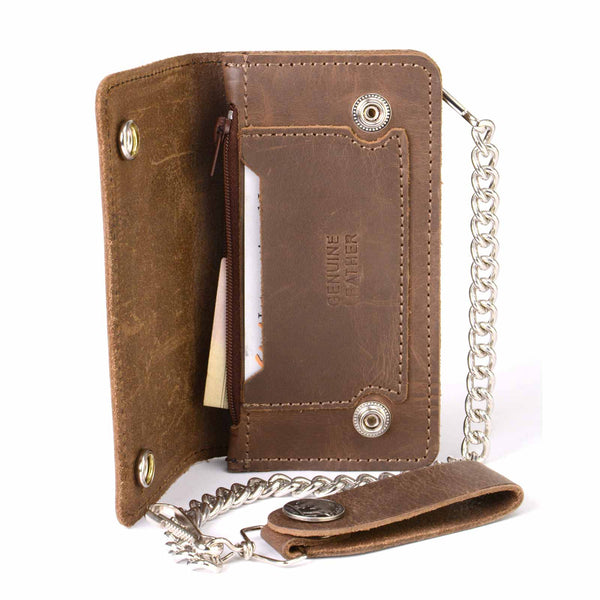 Milwaukee Leather MLW7827 Men's 6” Brown Leather Bi-Fold Biker Wallet w/ Anti-Theft Stainless Steel Chain and Buffalo Nickel Snaps