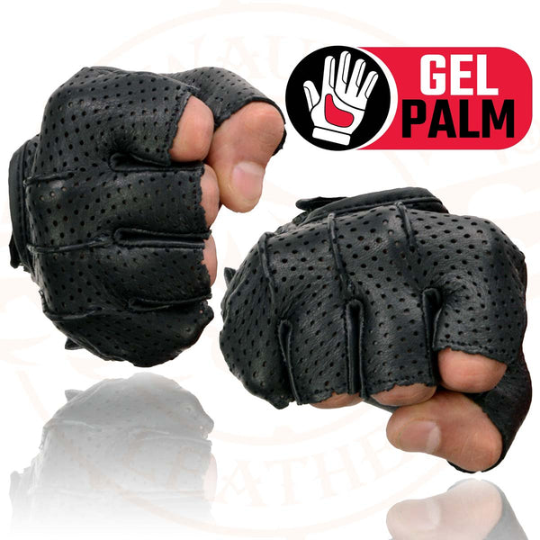 Shaf International SH877 Men's Black Leather Gel Padded Palm Fingerless Motorcycle Hand Gloves W/ ‘Welted USA Deerskin’