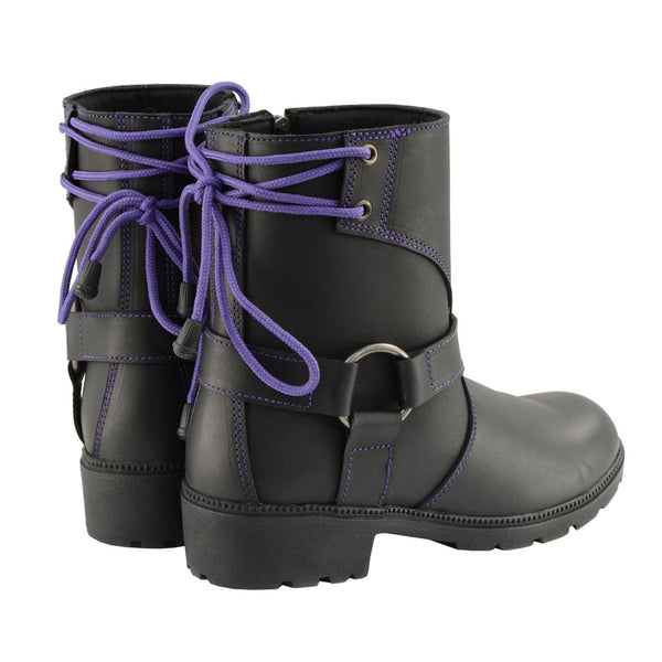 Milwaukee Leather MBL9317 Women's Black Leather Harness Zip-Up Motorcycle Rider Boots w/ Purple Back Laces