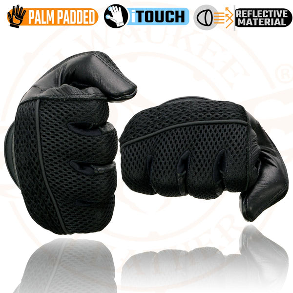 Milwaukee Leather MG7503 Men's Black Leather  i-Touch Screen Compatible Mesh Racing Motorcycle Hand Gloves W/ Reflector