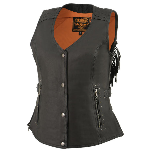 Milwaukee Leather MLL4565 Women's Black Fringed Leather Rivet Detail Side Buckle and Zipper Motorcycle Rider Vest