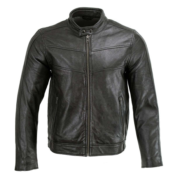 Milwaukee Leather Men's Black Cafe Racer Leather Jacket with Snap Button Collar SFM1835