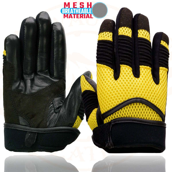 Milwaukee Leather SH791 Men's Black Leather and Yellow Mesh Combo Racing Motorcycle Hand Gloves W/ Elasticized Fingers