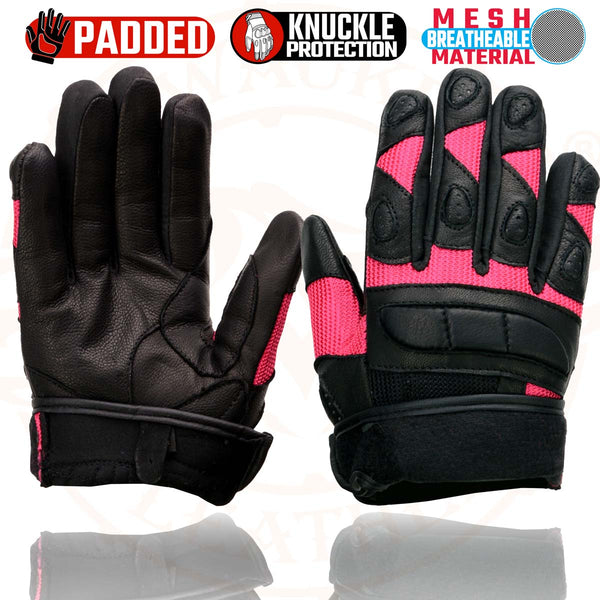 Milwaukee Leather MG7740 Women's Black Leather and Hot Pink Mesh Racing Motorcycle Gloves W/ Padded Knuckle and Fingers