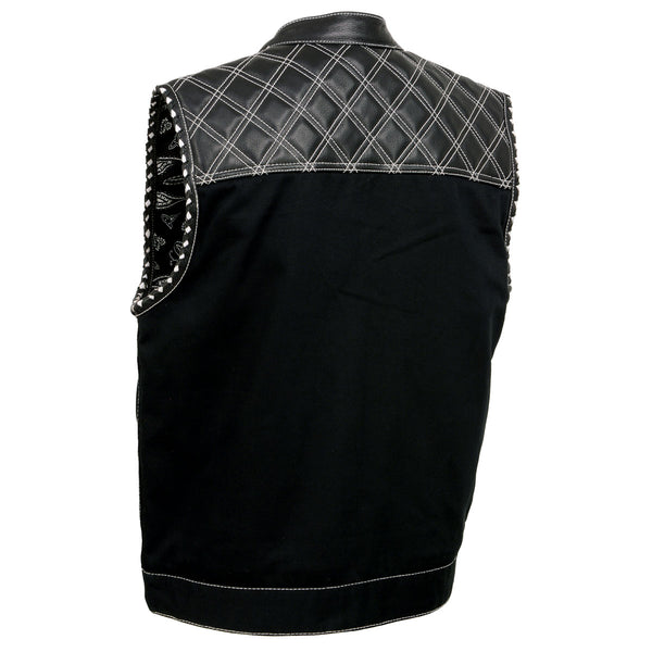 Milwaukee Leather MDM3035 Men's 'Wrecker' Black Denim and Leather Club Style Vest w/ Diamond Quilt Design