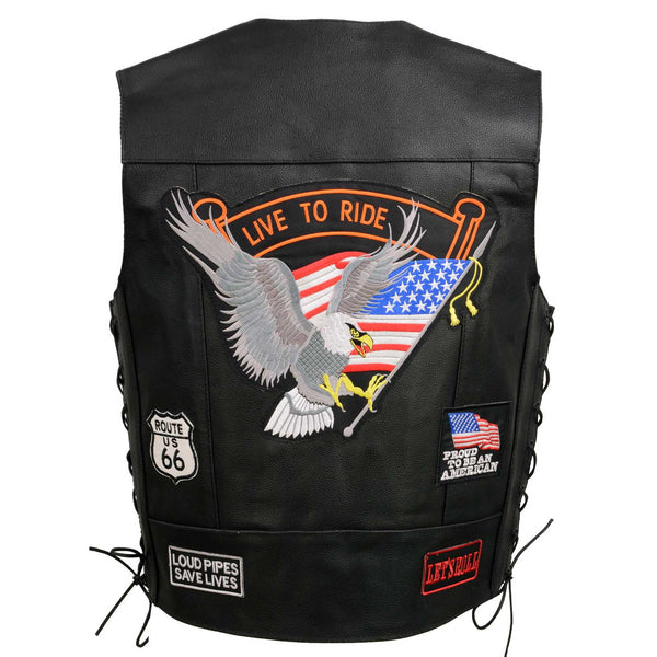 Event Leather Men’s Concealed Carry Motorcycle Vest Black with Patches ELM3930