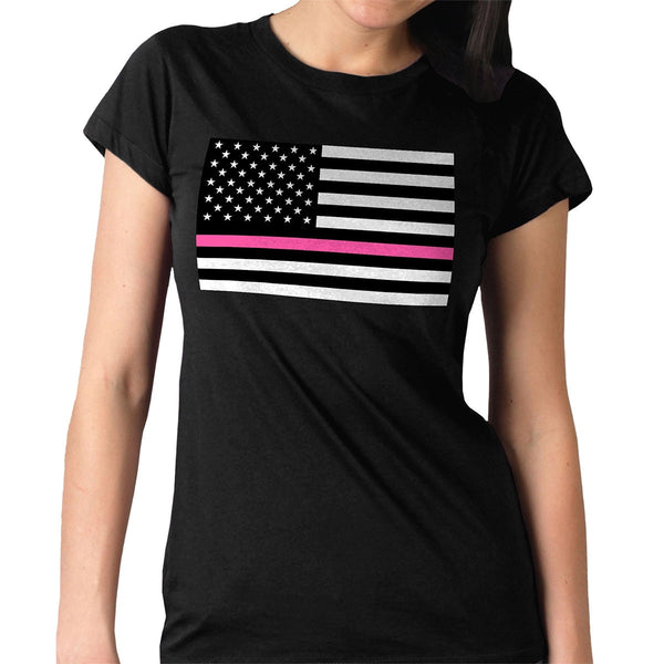 Hot Leathers GLR1515 Ladies Full Cut Thin Pink Line American Flag Black T-Shirt