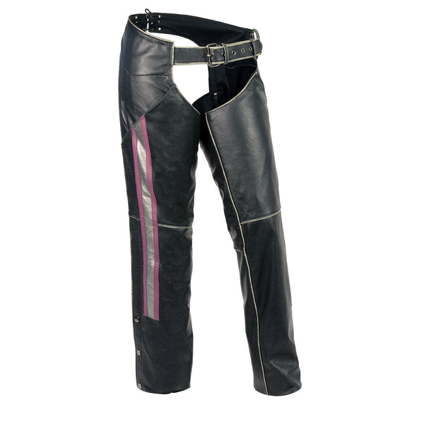 Milwaukee Leather MLL6515 Women's 'Pink Stripe' Classic Black Rub-Off Low-Rise Leather Chaps