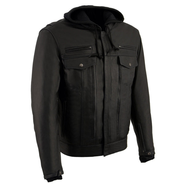 Milwaukee Leather MLM1537 Men's Black Leather ‘Utility Pocket’ Vented Jacket with Removable Hoodie