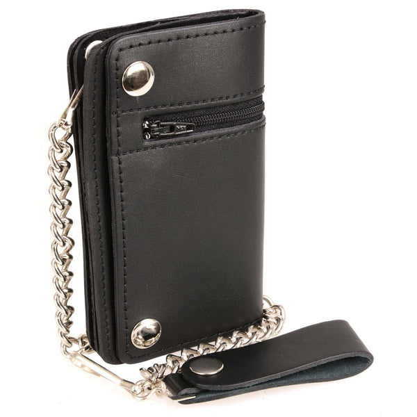 Milwaukee Leather MLW7882 Men's 6” Black Leather Biker Wallet w/ Outer Pocket - Bi-Fold Anti-Theft Stainless Steel Chain