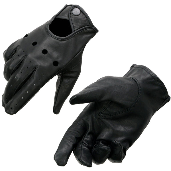 Milwaukee Leather SH729 Men's Black Perforated Leather Full Finger Motorcycle Hand Gloves W/ Breathable ‘Open Knuckle’