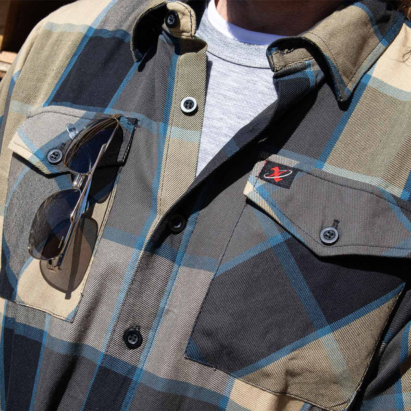 Milwaukee Leather Men's Flannel Plaid Shirt Beige with Black and Blue Long Sleeve Cotton Button Down Shirt MNG11639