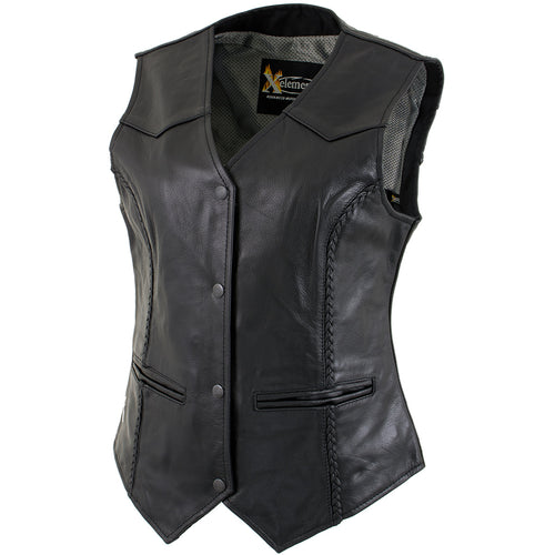 Xelement Women's Road Queen Black Leather Braided Vest B206