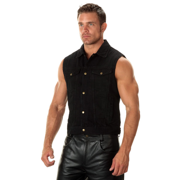 Club Vest CVM3039 Men's Black Denim Motorcycle Rider Vest with Leather