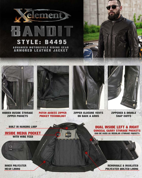 Xelement B4495 Men's Black 'Bandit' Buffalo Leather Cruiser Motorcycle Jacket with X-Armor Protection