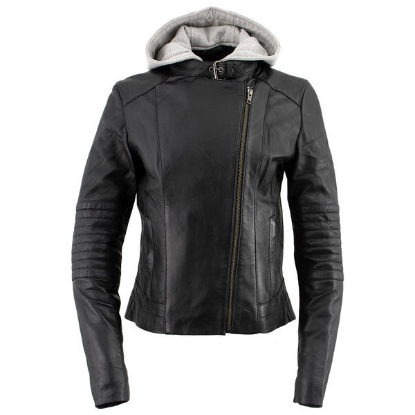 Xelement B91044 Women's ‘Quilt’ Black Leather Motorcycle Biker Racer Style Scuba Jacket with Hoodie