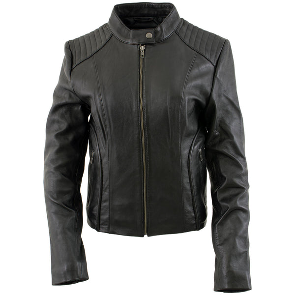 Xelement B91055 Women's ‘Keeper’ Black Leather Scuba Style Biker Jacket with Snap Mandarin Collar