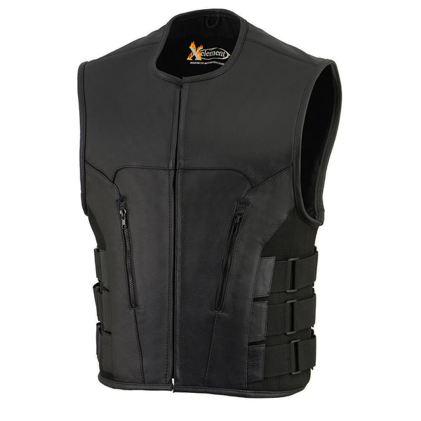 Xelement B95080 Men's ‘Creeper' Black Advanced Triple Strap Design Leather Motorcycle Vest