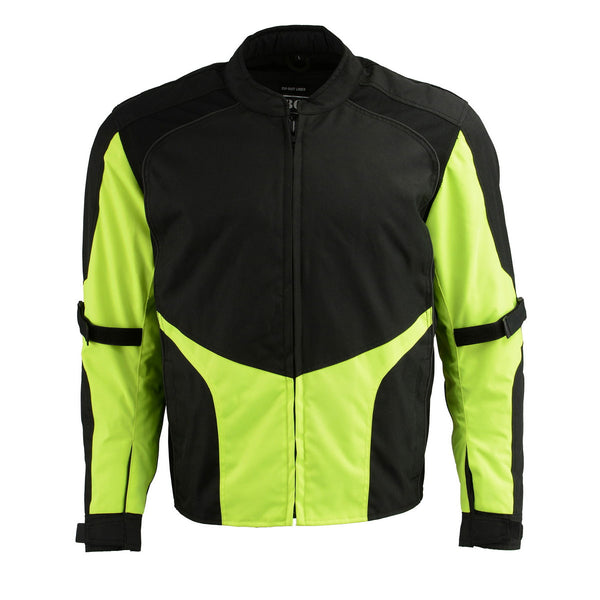 M Boss Motorcycle Apparel BOS11706 Men's Black/Hi-Vis Green Nylon Motorcycle Racer Jacket with Armor Protection
