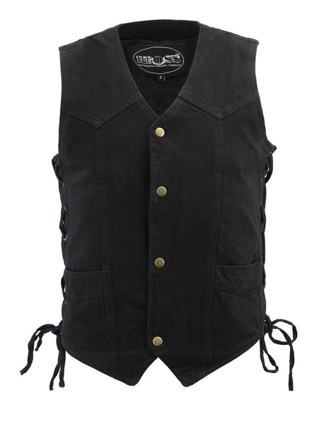M Boss Motorcycle Apparel BOS13003 Men's Black Denim Motorcycle Side Lace Vest with Quick Draw Pocket