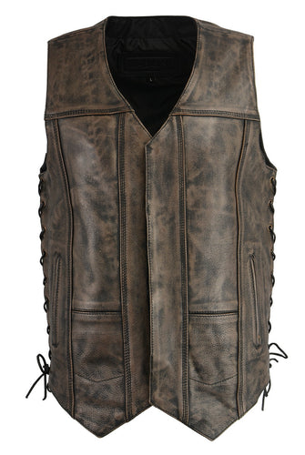 M Boss Motorcycle Apparel BOS13501 Men's Distressed Brown Leather 10 Pocket Motorcycle Vest w/ Quick Draw Pocket